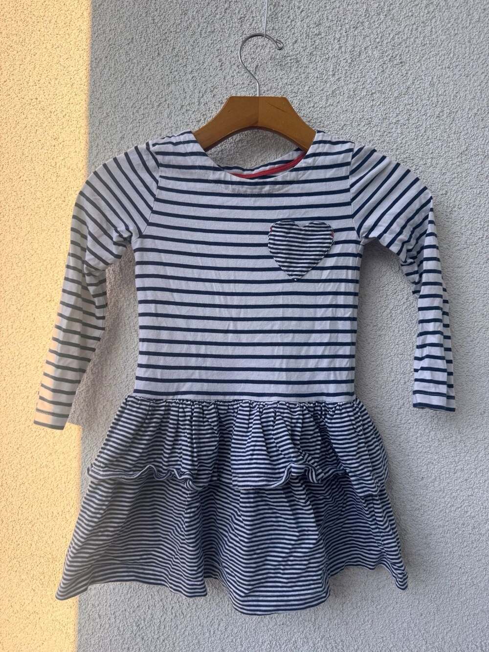 Mini Boden Striped Long Sleeve Dress with Heart Pocket and Ruffle Skirt